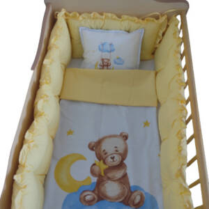 Спален комплект 7 части Happy Bear yellow , чаршафи мече , комплект с обиколник , обиколка бебе